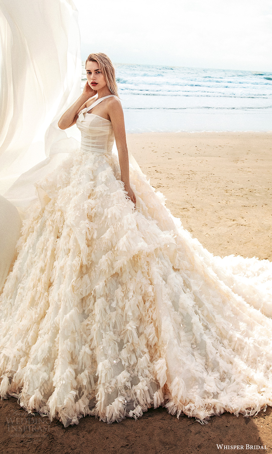 whisper bridal spring 2021 bridal one shoulder strap straight across neckline ruched bodice ruffle skirt a line ball gown wedding dress cathedral train (4) sv whisper bridal spring 2021 bridal one shoulder strap straight across neckline ruched bodice ruffle skirt a line ball gown wedding dress cathedral train (4) sv