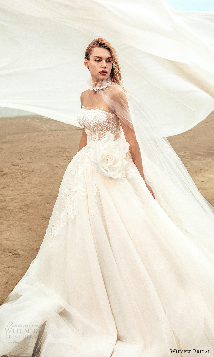 whisper bridal spring 2021 bridal strapless straight across neckline embellished bodice a line ball gown wedding dress chapel train sheer cape (16) mv