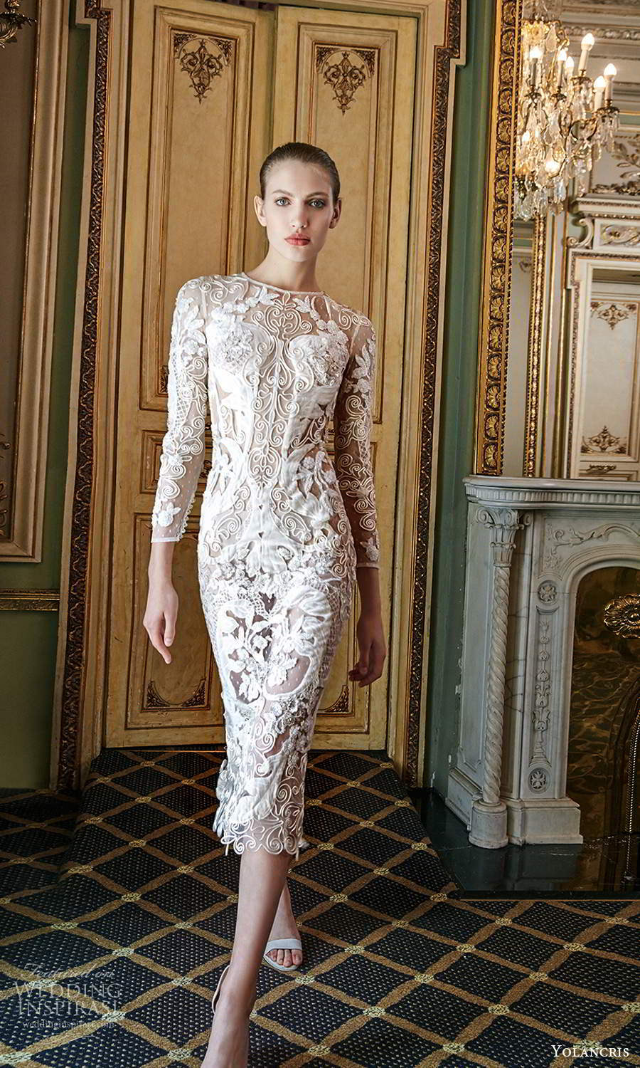 yolancris 2020 bridal couture 3 quarter sleeves jewel neckline fully embellished knee length sheath shift wedding dress (3) mv