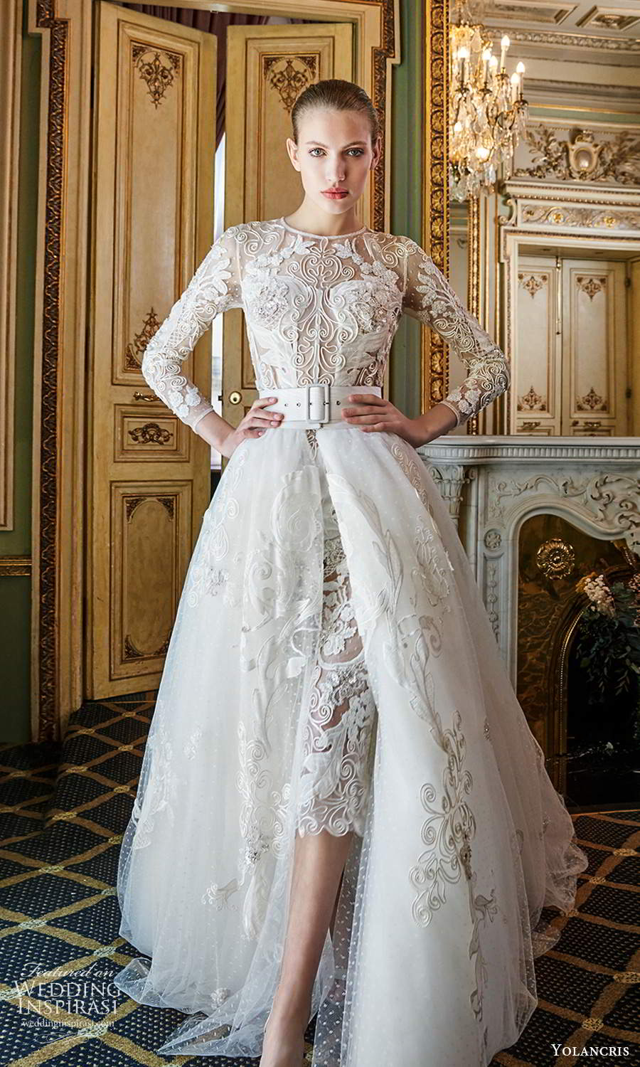 yolancris 2020 bridal couture 3 quarter sleeves jewel neckline fully embellished knee length sheath shift wedding dress a line ball gown overskirt belt chapel train (3) mv