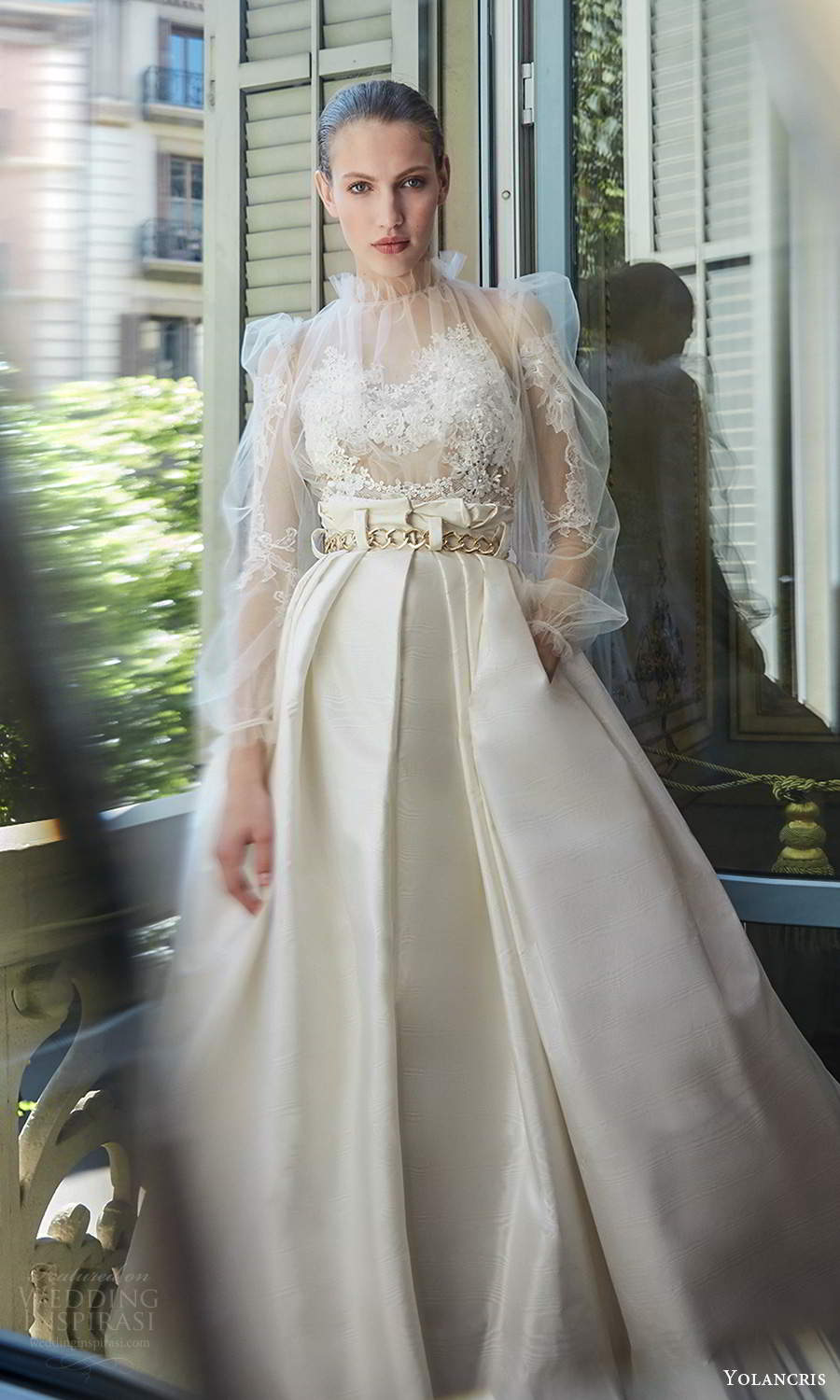 yolancris 2020 bridal couture sheer bishop sleeves high ruff neckline embellished bodice a line ball gown wedding dress (14) mv
