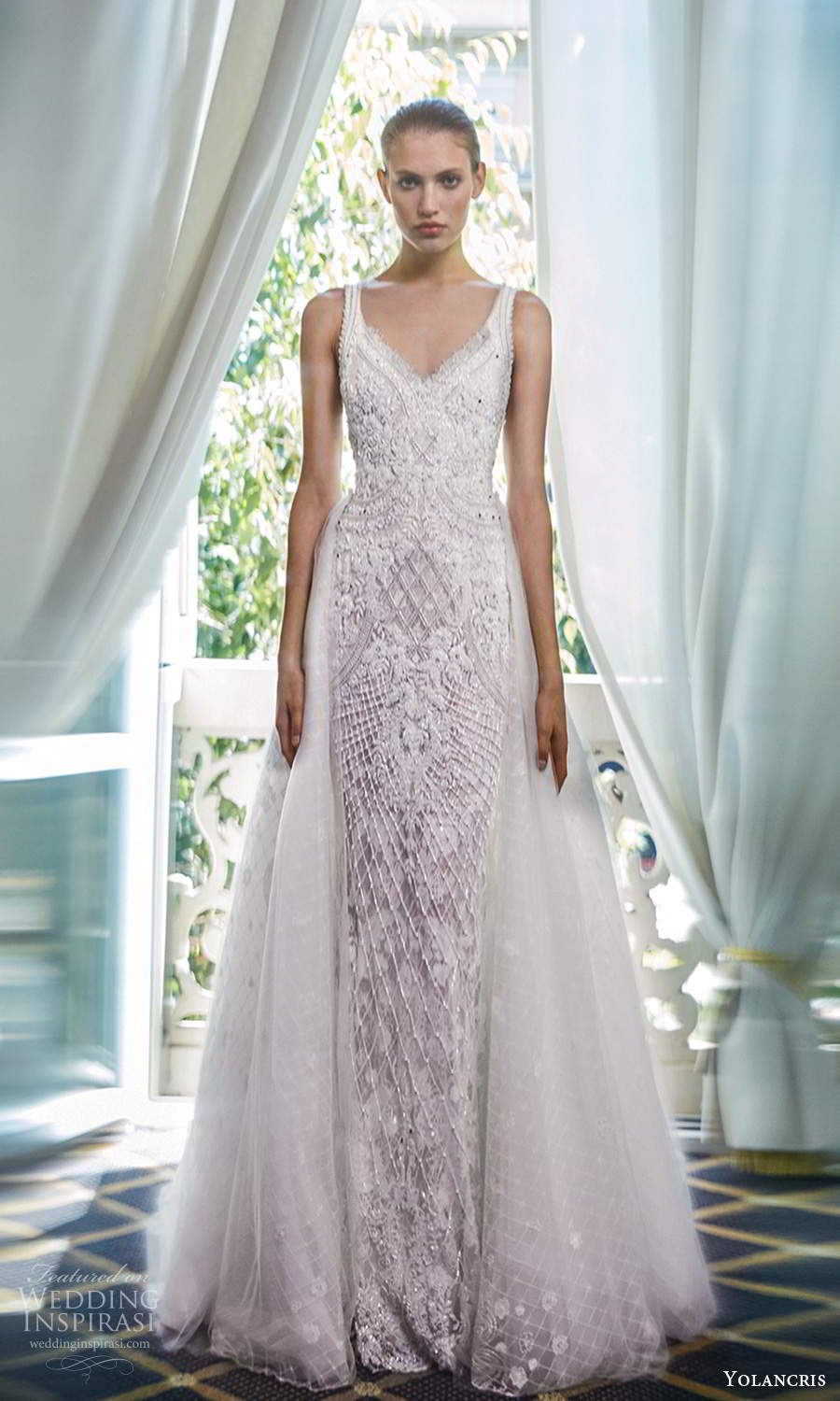 yolancris 2020 bridal couture sleeveless straps v neckline fully embellished sheath wedding dress a line overskirt cathedral train (7) mv