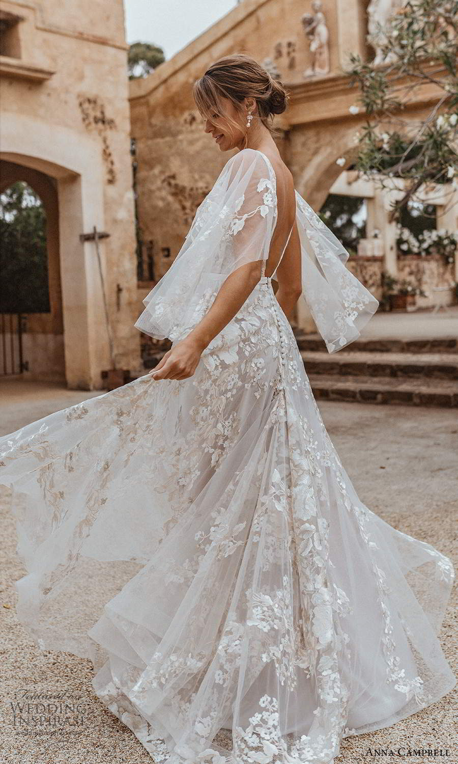 anna campbell 2021 bridal flutter sleeves straps v neckline embellished a line ball gown wedding dress chapel train v back champagne (13) sv