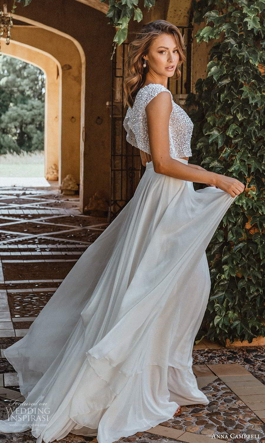 anna campbell 2021 bridal fully embellished cap sleeves jewel neckline crop top a line skirt 2 piece wedding dress sweep train (14) sv