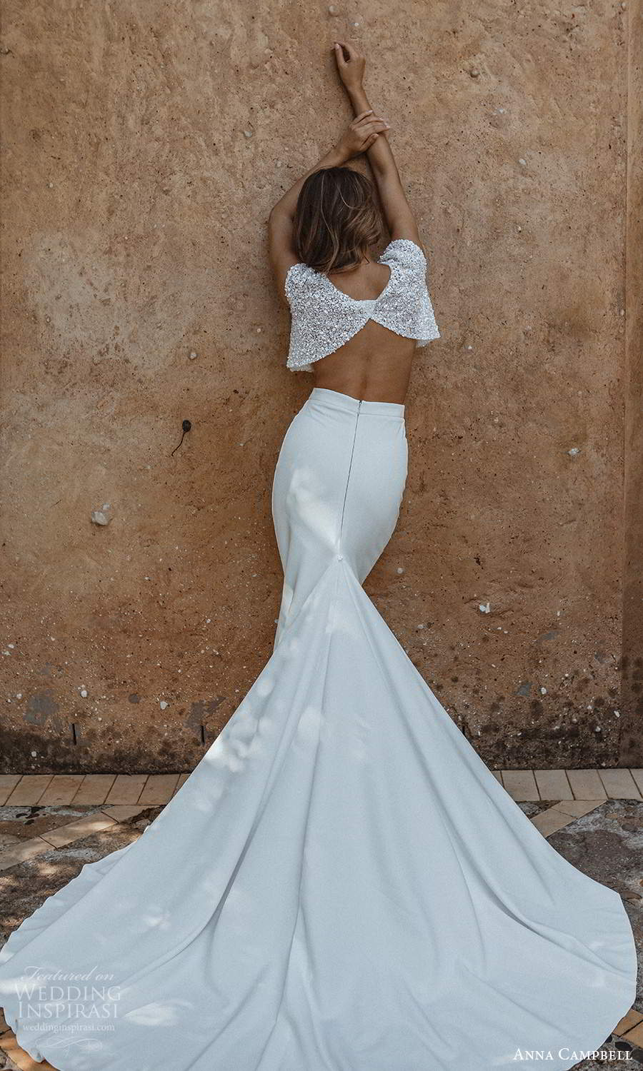 anna campbell 2021 bridal fully embellished cap sleeves jewel neckline crop top sheath skirt 2 piece wedding dress sweep train (16) bv