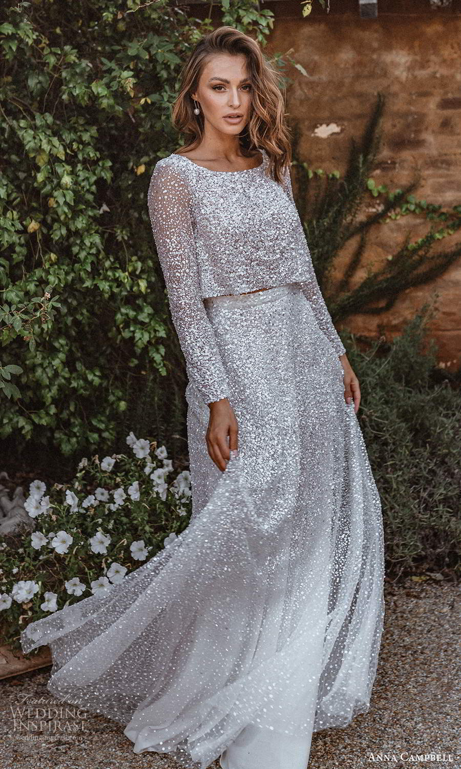 anna campbell 2021 bridal fully embellished long sleeves jewel neckline crop top a line skirt 2 piece wedding dress sweep train (18) mv