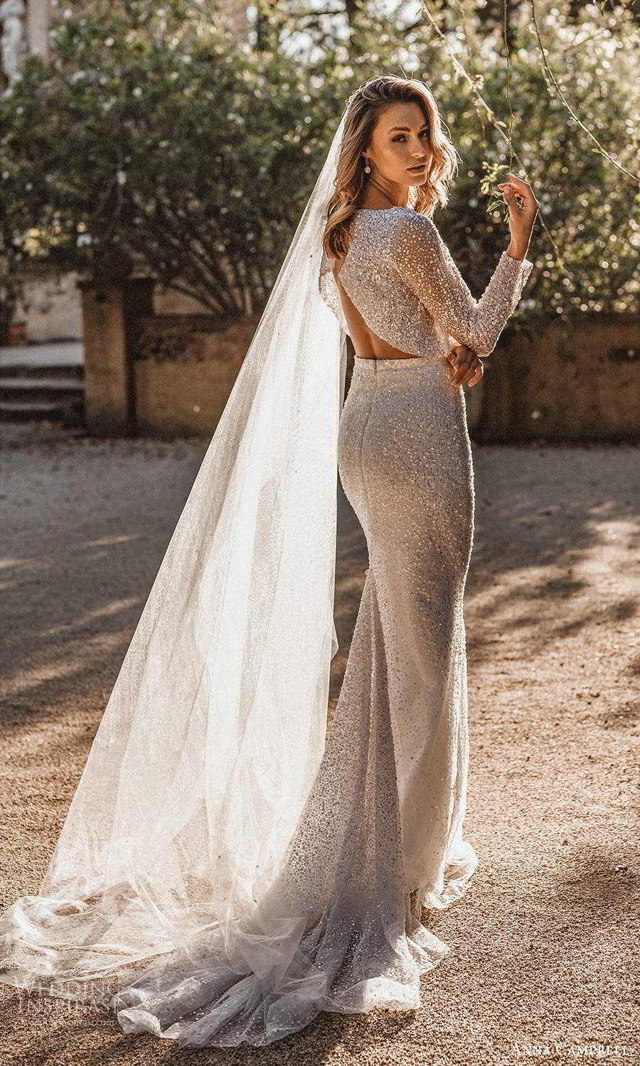 anna campbell 2021 bridal long sleeve bateau neckline embellished crop top sheath skirt 2 piece wedding dress sweep train (10) bv
