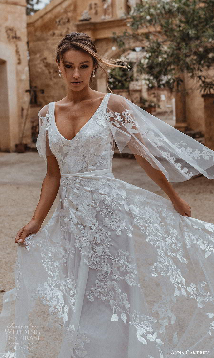 anna campbell 2021 bridal sheer flutter cape sleeves sleeveless straps v neckline embellished a line ball gown wedding dress chapel train v back (20) mv