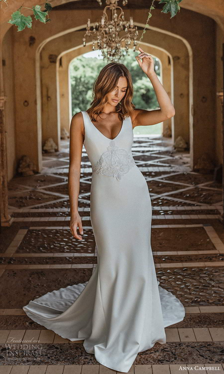 anna campbell 2021 bridal sleeveless straps v neckline embellished waist clean sheath wedding dress chapel train (11) mv