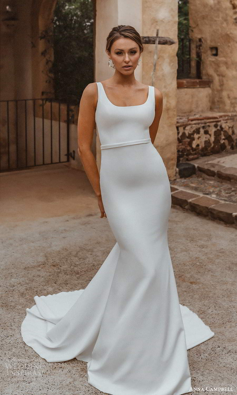 anna campbell 2021 bridal sleeveless thick straps square neckline clean minimalist sheath wedding dress chapel train (7) fv