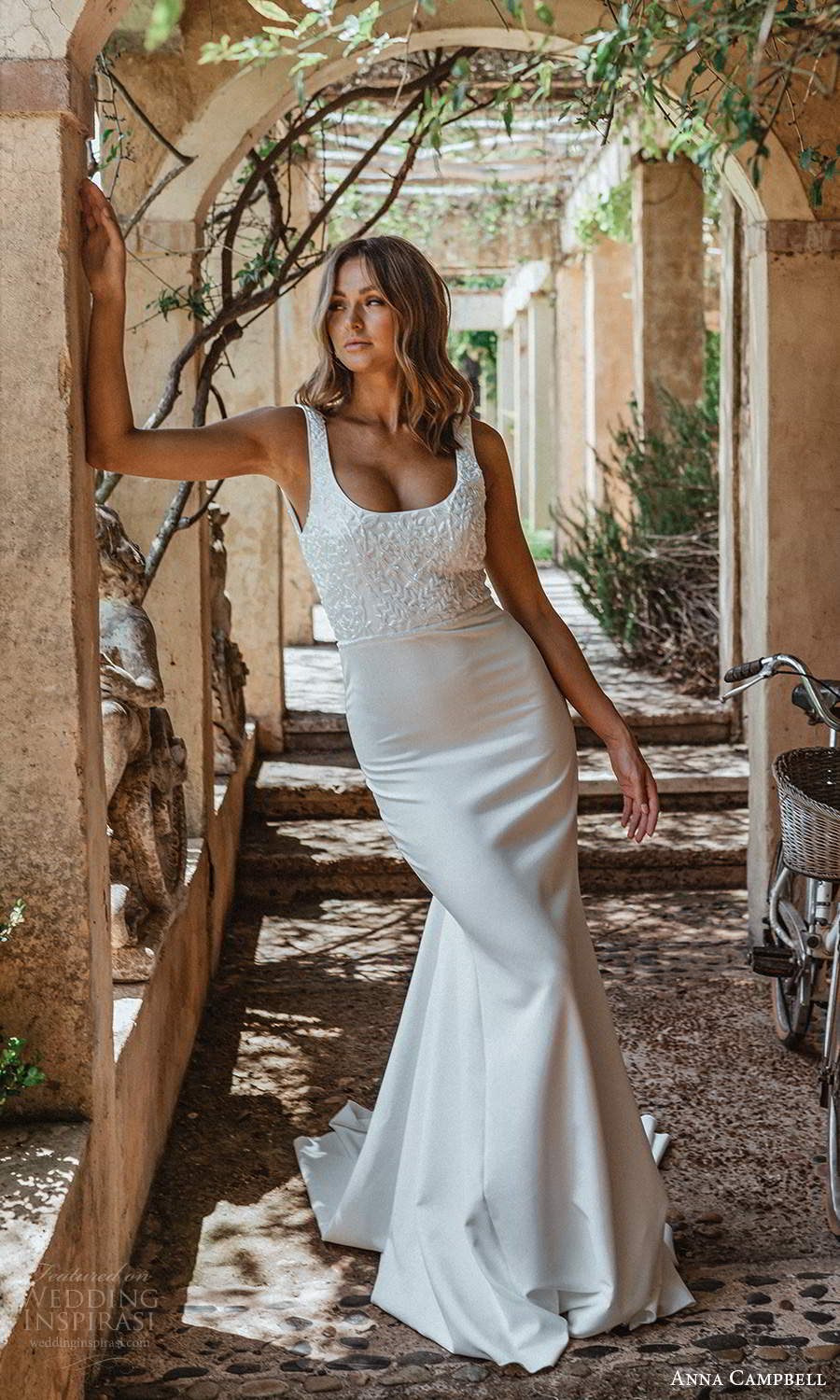 anna campbell 2021 bridal sleeveless thick straps square scoop neckline embellished bodice clean skirt sheath wedding dress chapel train (15) mv