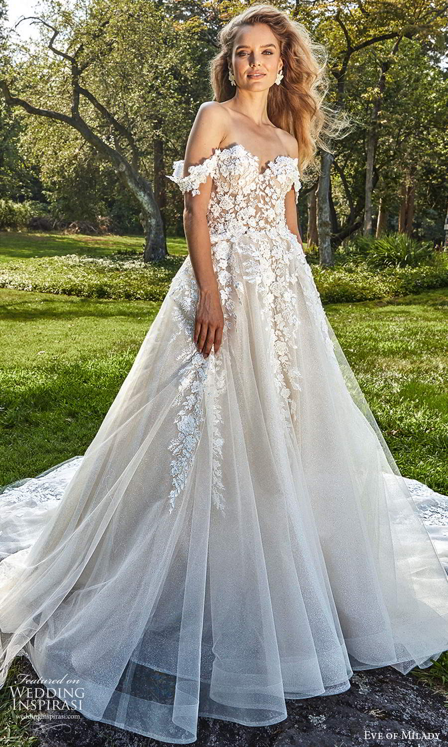 eve of milady 2021 bridal off shoulder swag straps sweetheart neckline heavily embellished bodice a line ball gown wedding dress chapel train (4) fv