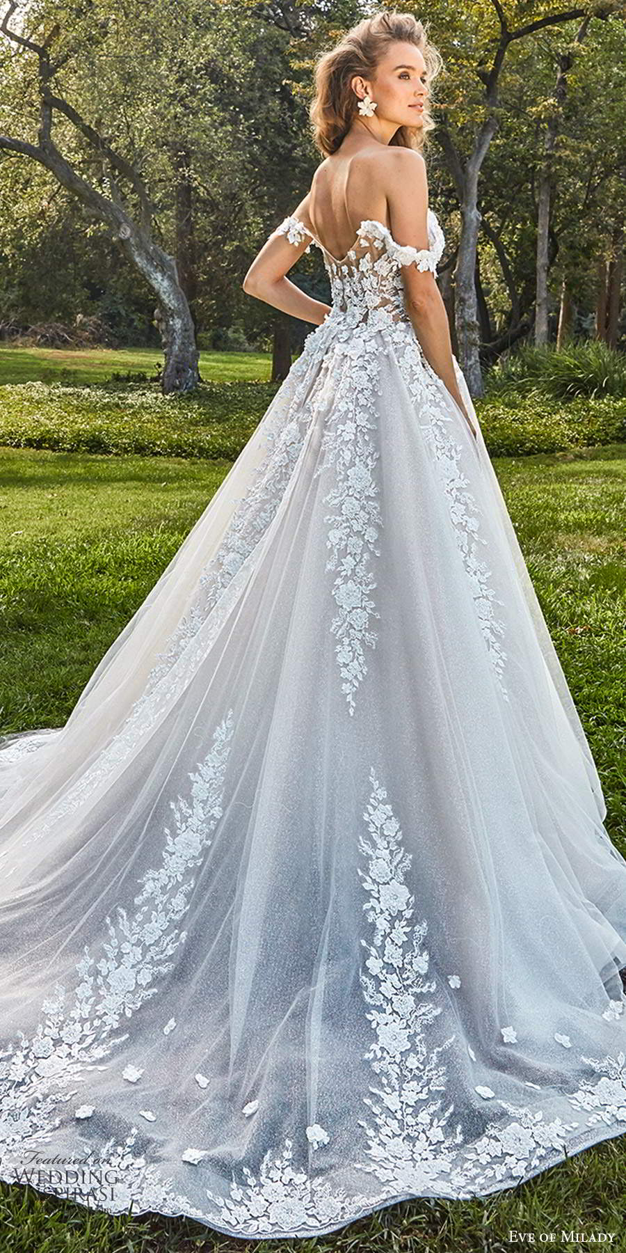 eve of milady 2021 bridal off shoulder swag straps sweetheart neckline heavily embellished bodice a line ball gown wedding dress chapel train (4) zbv