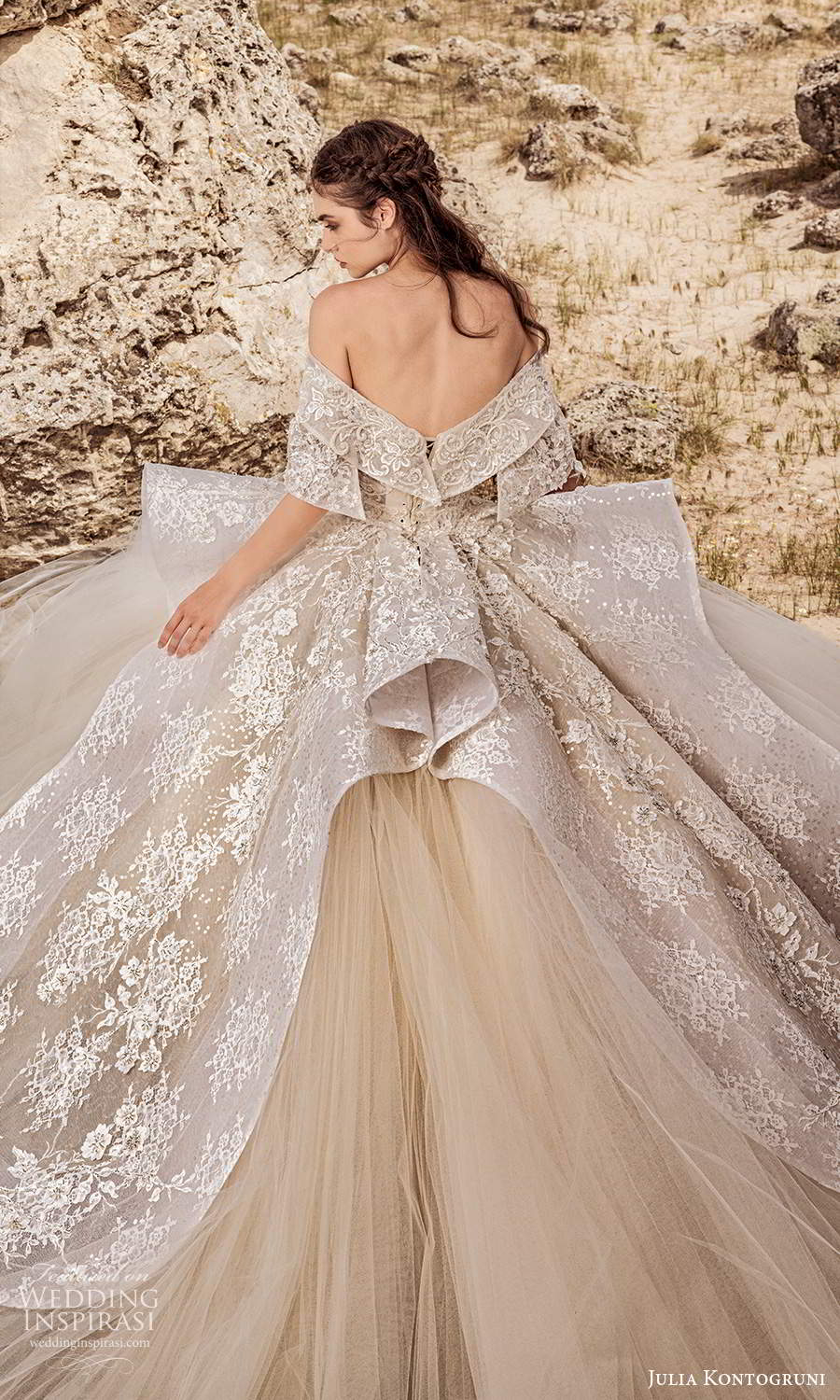 julia kontogruni 2021 bridal elbow length sleeves off shoulder neckline fully embellished ball gown wedding dress cathedral train (8) bv