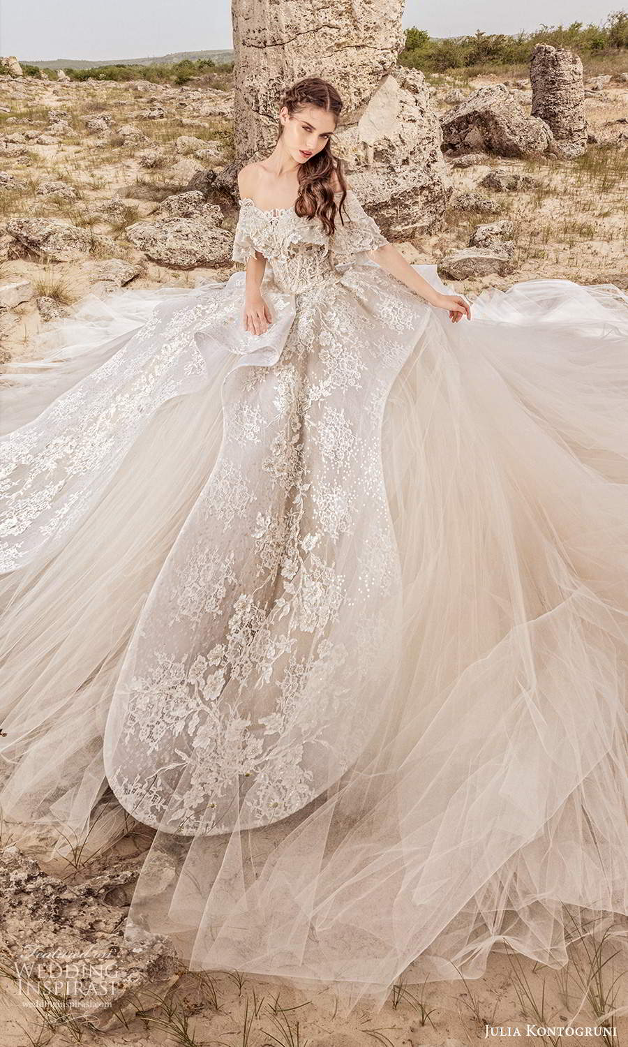 julia kontogruni 2021 bridal elbow length sleeves off shoulder neckline fully embellished ball gown wedding dress cathedral train (8) mv
