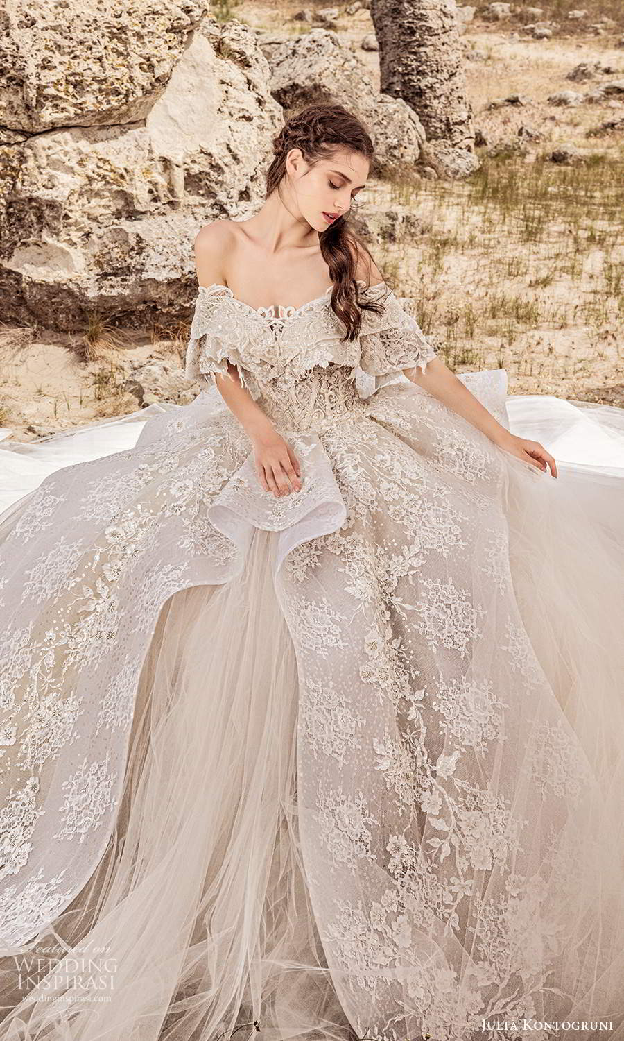 julia kontogruni 2021 bridal elbow length sleeves off shoulder neckline fully embellished ball gown wedding dress cathedral train (8) zv