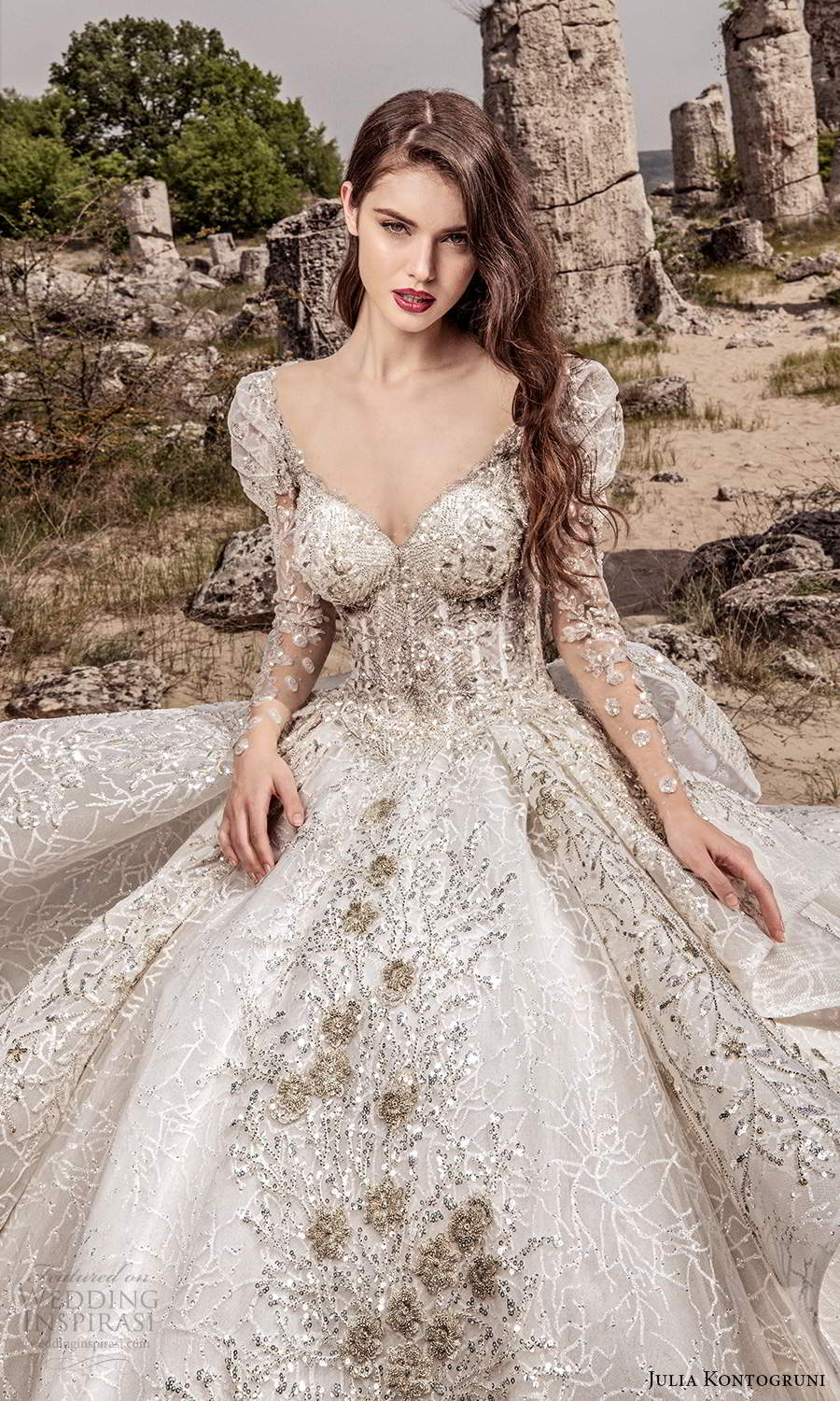 julia kontogruni 2021 bridal long puff sleeves sweetheaert neckline fully embellished a line ball gown wedding dress cathedral train (1) zv