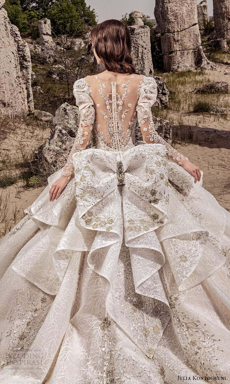 julia kontogruni 2021 bridal long puff sleeves sweetheaert neckline fully embellished a line ball gown wedding dress cathedral train sheer illusion back (1) zbv