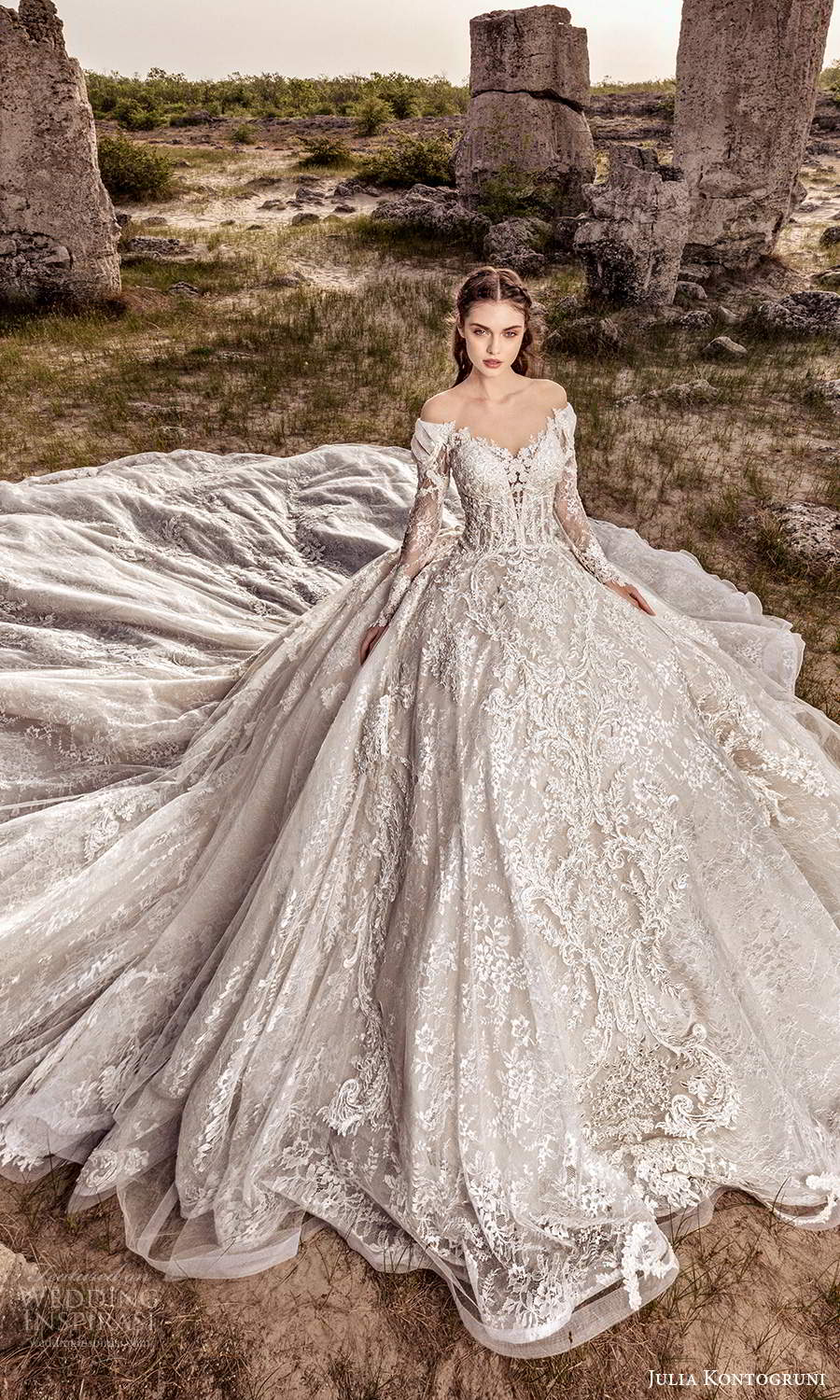 julia kontogruni 2021 bridal long sleeves off shouldler sweetheart neckline fully embellished ball gown wedding dress cathedral train (5) mv