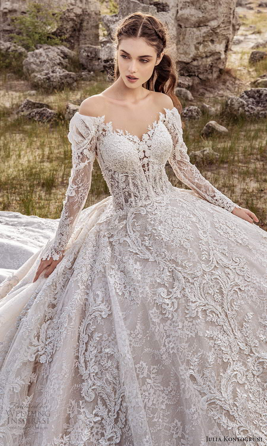 julia kontogruni 2021 bridal long sleeves off shouldler sweetheart neckline fully embellished ball gown wedding dress cathedral train (5) zv