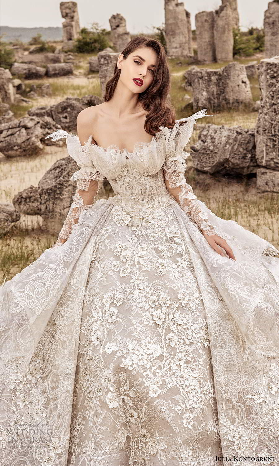 julia kontogruni 2021 bridal off shoulder long straps crumb catcher neckline fully embellished ball gown wedding dress cathedral train (9) mv
