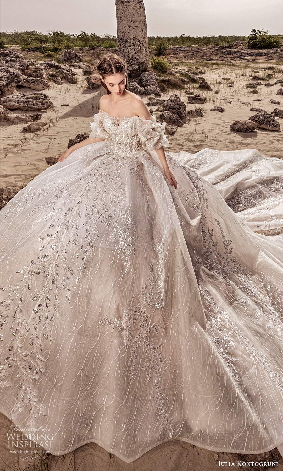 julia kontogruni 2021 bridal off shoulder ruffle sleeves sweetheart neckline fully embellished ball gown wedding dress cathedral train (10) mv