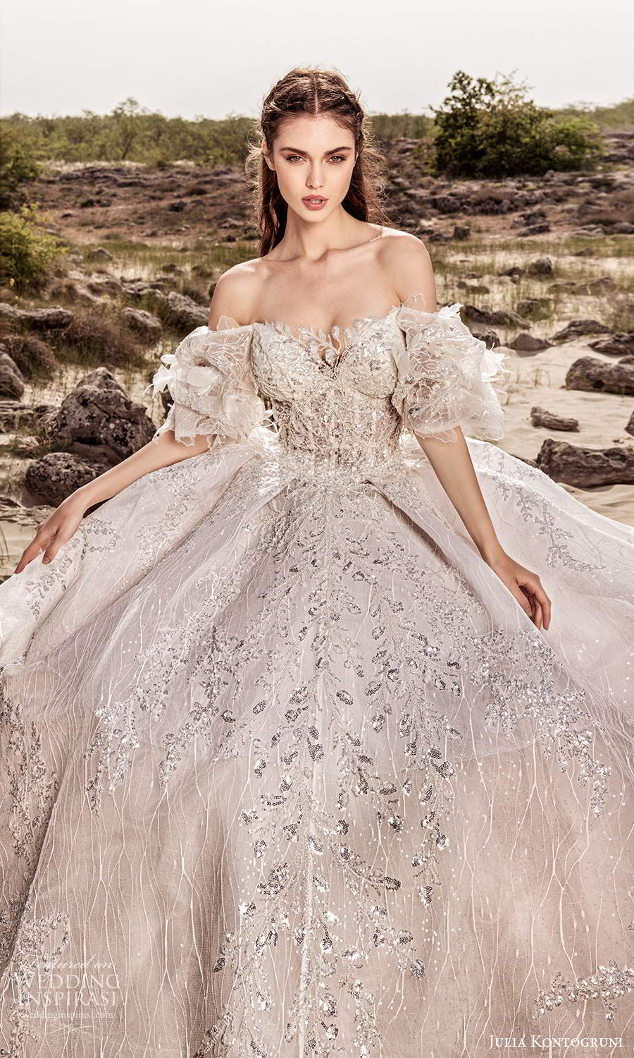 julia kontogruni 2021 bridal off shoulder ruffle sleeves sweetheart neckline fully embellished ball gown wedding dress cathedral train (10) zv