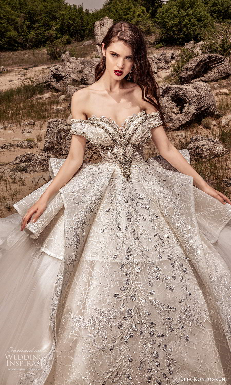 julia kontogruni 2021 bridal off shoulder straps sweetheart neckline fully embellished ball gown wedding dress cathedral train (10) zv