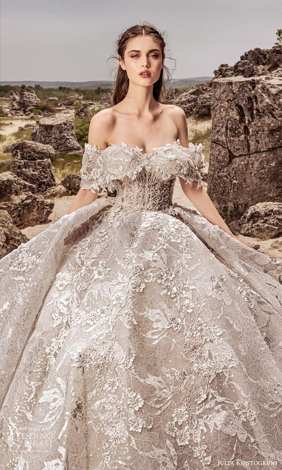 julia kontogruni 2021 bridal off shoulder straps sweetheart neckline fully embellished ball gown wedding dress cathedral train (6) zv