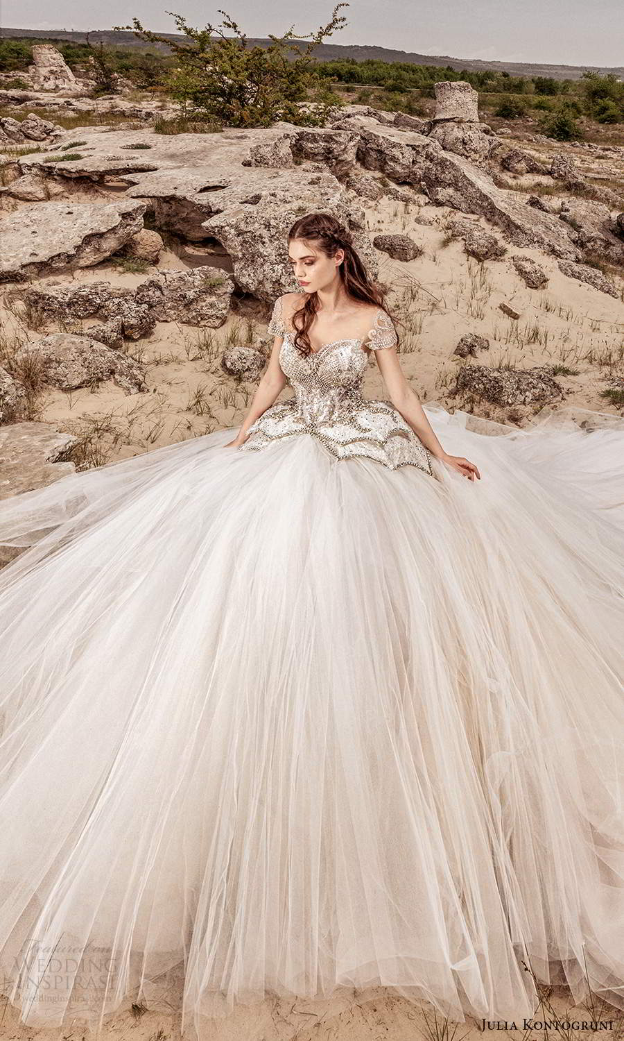 julia kontogruni 2021 bridal short sleeves sweetheart neckline embellished bodice ball gown wedding dress cathedral train (10) mv