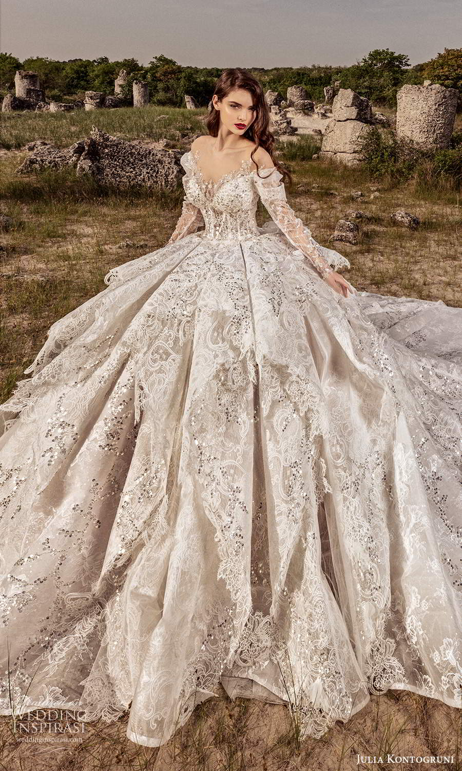 julia kontogruni 2021 bridal sleeves puff sleeves off shoulder sweetheart neckline fully embellished ball gown wedding dress cathedral train (7) mv