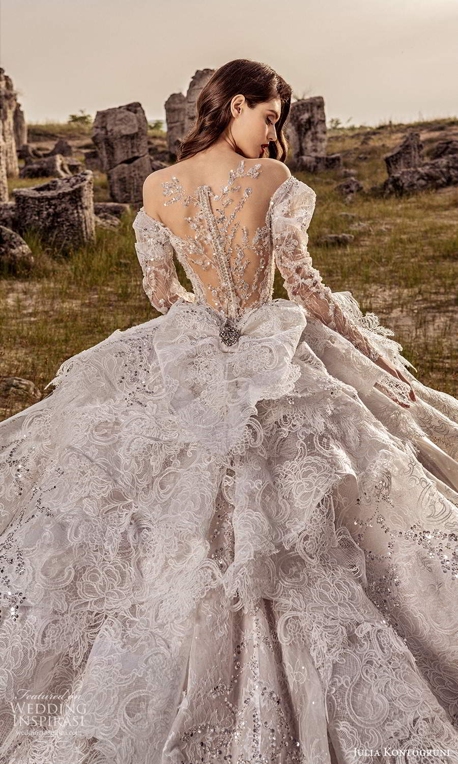 julia kontogruni 2021 bridal sleeves puff sleeves off shoulder sweetheart neckline fully embellished ball gown wedding dress cathedral train (7) zbv