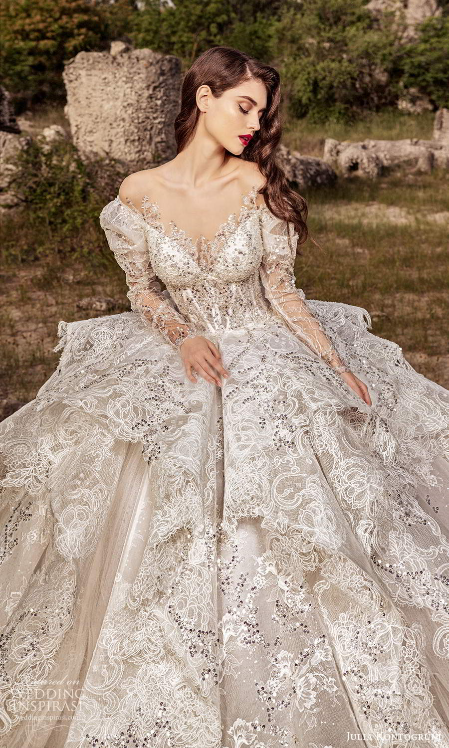 julia kontogruni 2021 bridal sleeves puff sleeves off shoulder sweetheart neckline fully embellished ball gown wedding dress cathedral train (7) zv