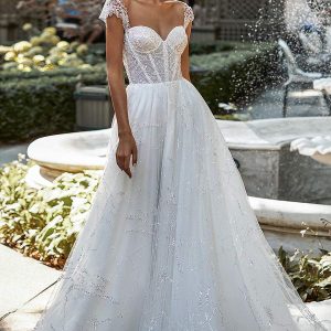 katy corso 2021 bridal cap sleeves sweeetheart neckline fully embellished a line ball gown wedding dress chapel train (11) mv