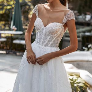 katy corso 2021 bridal cap sleeves sweeetheart neckline fully embellished a line ball gown wedding dress chapel train (11) zv