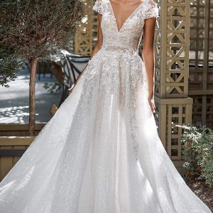 katy corso 2021 bridal cap sleeves v neckline fully embellished a line ball gown wedding dress chapel train (10) fv
