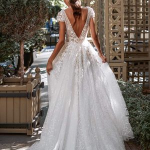 katy corso 2021 bridal cap sleeves v neckline fully embellished a line ball gown wedding dress chapel train v back (10) bv