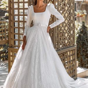 katy corso 2021 bridal long puff sleeves square neckline clean bodice embellished lace skirt a line ball gown wedding dress chapel train (5) mv