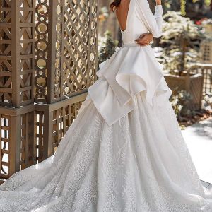 katy corso 2021 bridal long puff sleeves square neckline clean bodice embellished lace skirt peplum a line ball gown wedding dress chapel train (5) bv