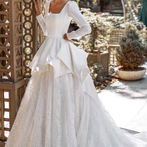 katy corso 2021 bridal long puff sleeves square neckline clean bodice embellished lace skirt peplum a line ball gown wedding dress chapel train (5) mv