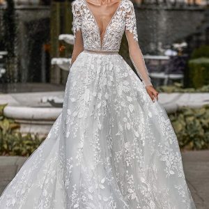 katy corso 2021 bridal long sleeves plunging v neckline fully embellished a line ball gown wedding dress chapel train (15) mv
