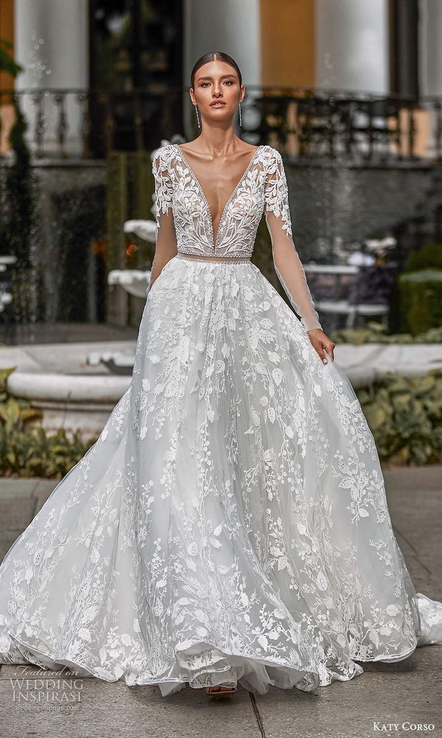 katy corso 2021 bridal long sleeves plunging v neckline fully embellished a line ball gown wedding dress chapel train (15) mv