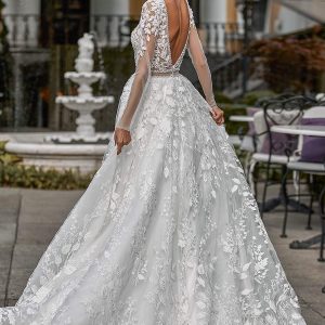 katy corso 2021 bridal long sleeves plunging v neckline fully embellished a line ball gown wedding dress chapel train v back (15) bv