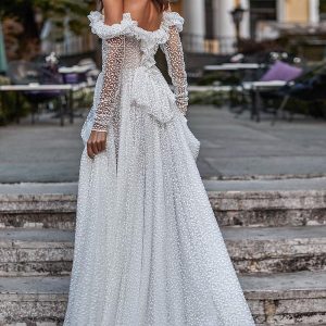 katy corso 2021 bridal off shoulder long sleeves sweetheart neckline fully embellished a line ball gown wedding dress chapel train (13) bv