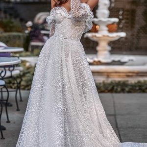 katy corso 2021 bridal off shoulder long sleeves sweetheart neckline fully embellished a line ball gown wedding dress chapel train (13) mv
