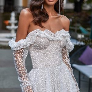 katy corso 2021 bridal off shoulder long sleeves sweetheart neckline fully embellished a line ball gown wedding dress chapel train (13) zv