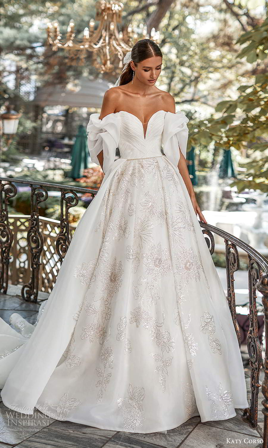 katy corso 2021 bridal off shoulder straps sweetheart neckline ruched bodice embellished skirt a line ball gown wedding dress chapel train (2) mv