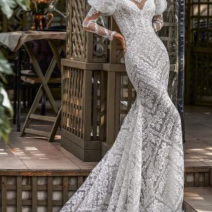 katy corso 2021 bridal sheer long puff sleeves illusion jewel sweetheart neckline fully embellished lace sheath wedding dress chapel train (7) mv