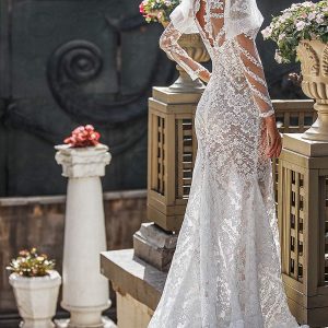 katy corso 2021 bridal sheer long puff sleeves illusion jewel sweetheart neckline fully embellished lace sheath wedding dress chapel train sheer back (7) bv