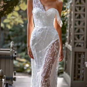 katy corso 2021 bridal sleeveless asymmetric off shoulder swag strap sweetheart neckline fully embellished lace sheath wedding dress chapel train (6) mv